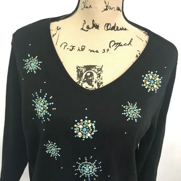 Quacker Factory L Large Shirt Black Beaded - Picture 2 of 7